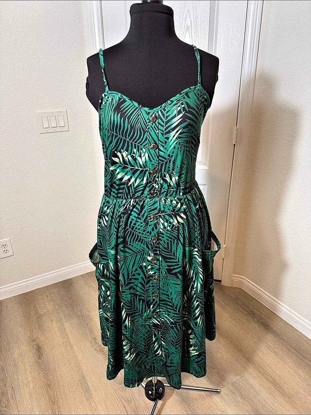 Halife Tropical Print Midi Dress Green & Black Size XL